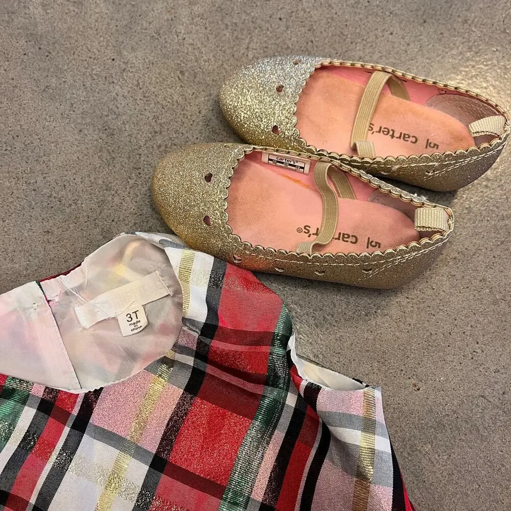 Nannette Christmas red gold plaid formal dress holiday 3T carters gold shoes 5